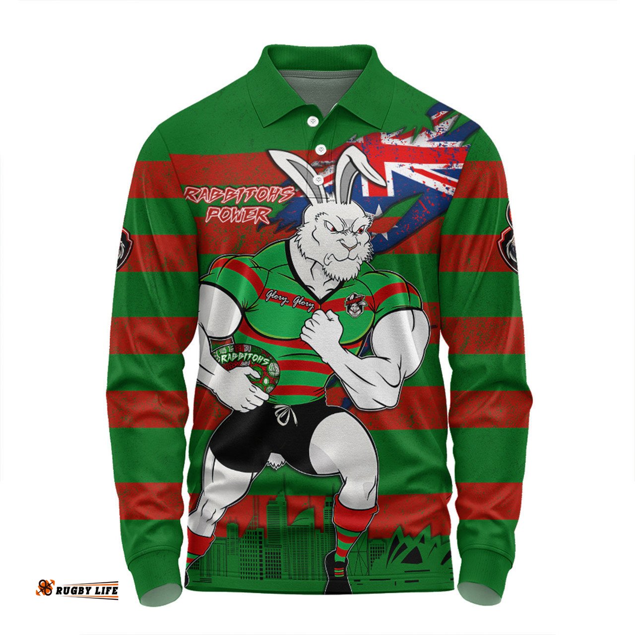 South Sydney Rabbitohs Long Sleeve Polo Shirt Custom For Die Hard Fan Australia Flag Scratch Style