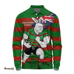 South Sydney Rabbitohs Long Sleeve Polo Shirt Custom For Die Hard Fan Australia Flag Scratch Style