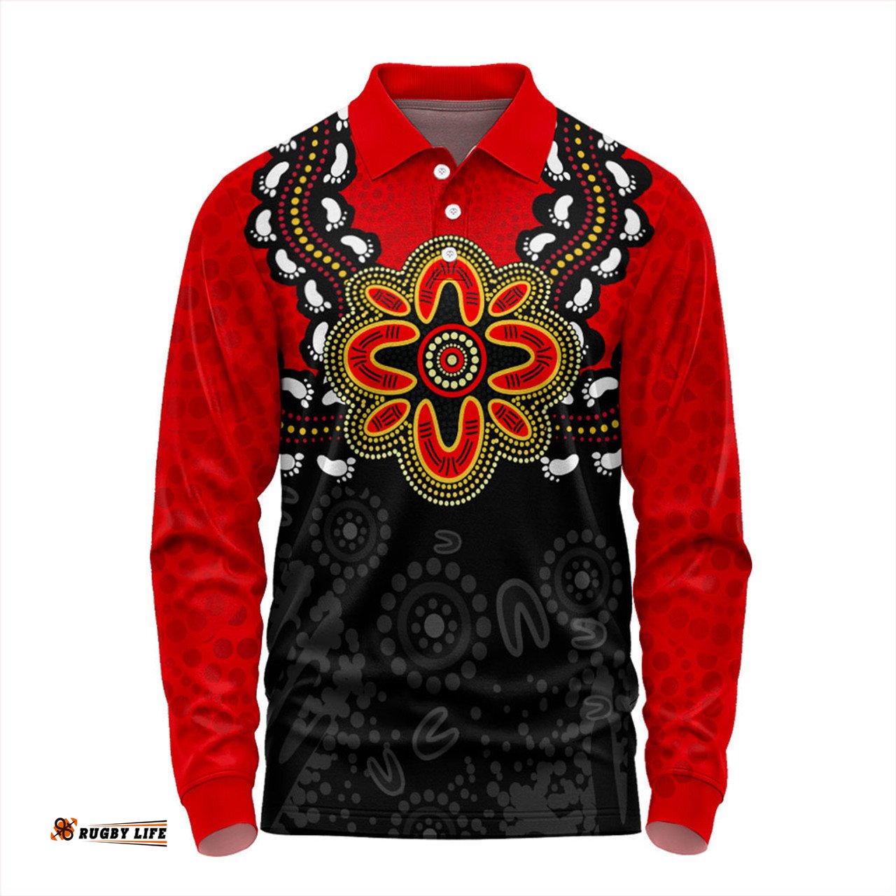 Australia Long Sleeve Polo Shirt Aboriginal Inspired Symbol Pattern
