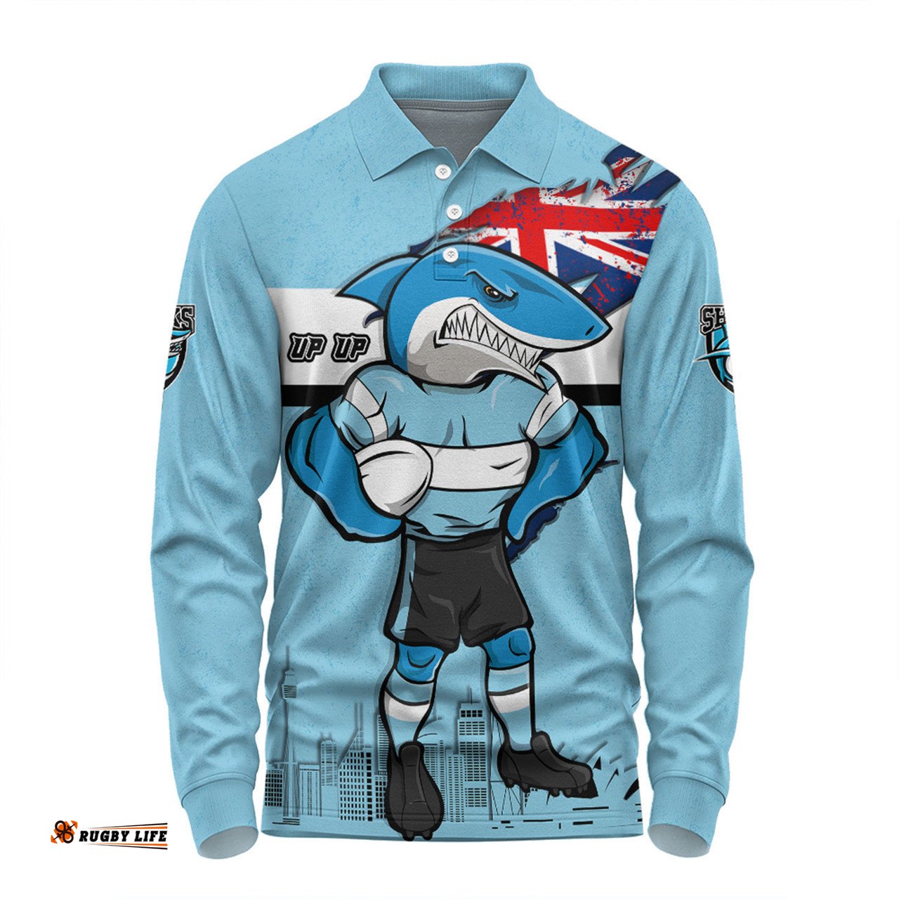 Cronulla-Sutherland Sharks Long Sleeve Polo Shirt Custom For Die Hard Fan Australia Flag Scratch Style
