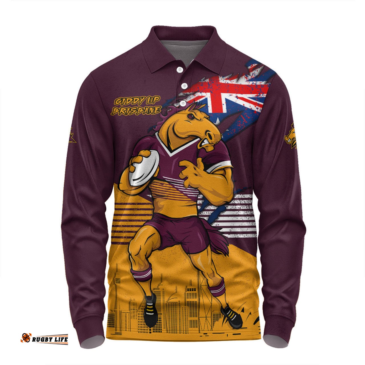 Brisbane Broncos Long Sleeve Polo Shirt Custom For Die Hard Fan Australia Flag Scratch Style