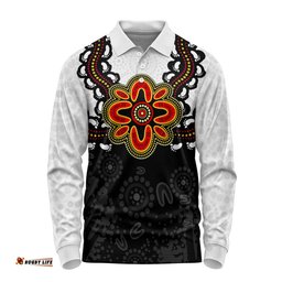 Australia Long Sleeve Polo Shirt Aboriginal Inspired Symbol Pattern White