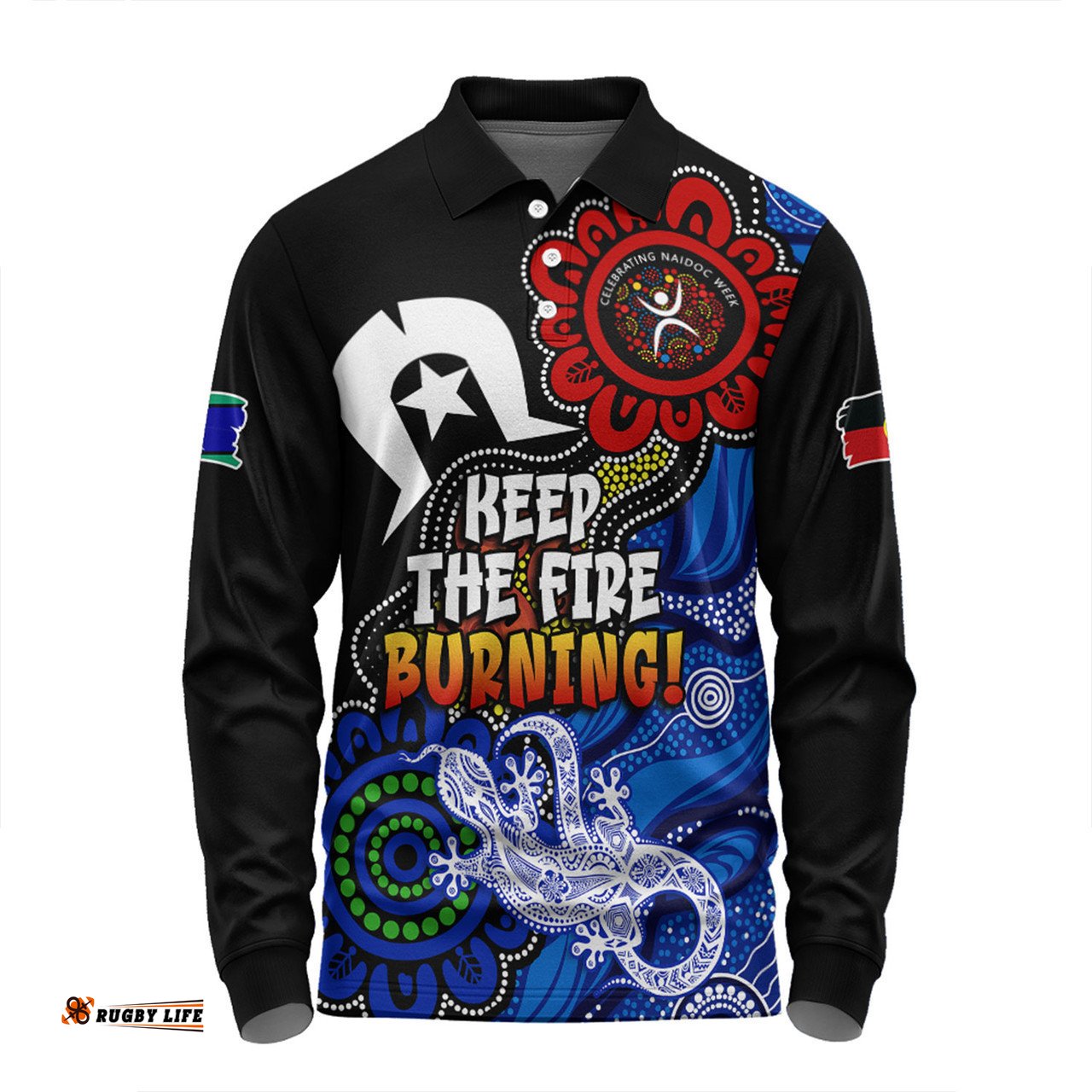Australia Long Sleeve Polo Shirt Naidoc Week 2024 Indigenous Keep The Fire Burning Aboriginal Dot Art Painting