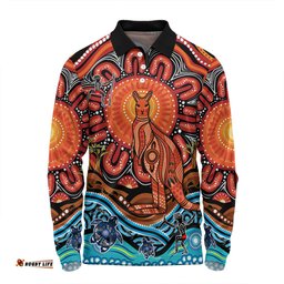 Australia Long Sleeve Polo Shirt Aboriginal Inspired Kangaroo Dreaming Dot Painting Pattern