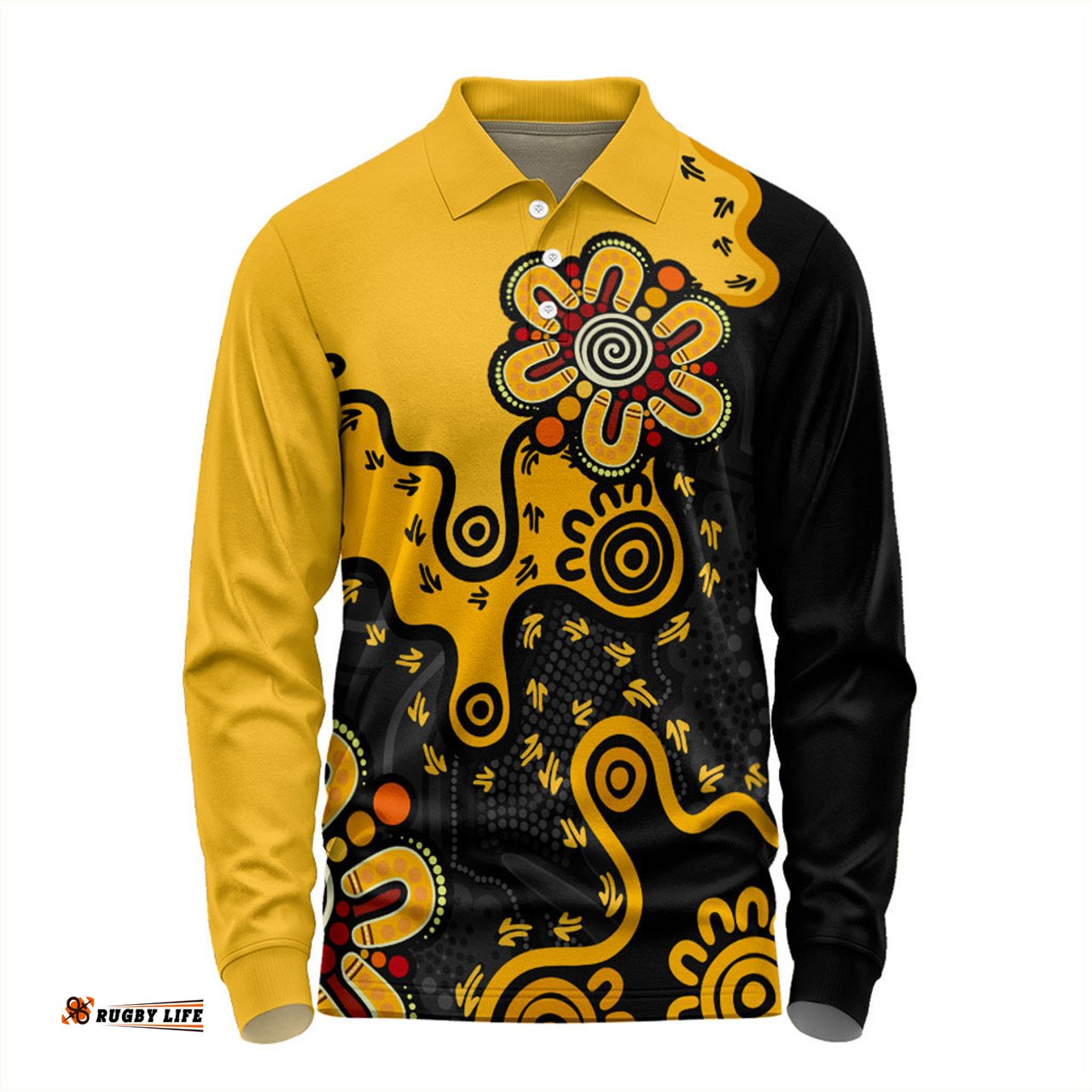 Australia Long Sleeve Polo Shirt Aboriginal Style Of Background Yellow