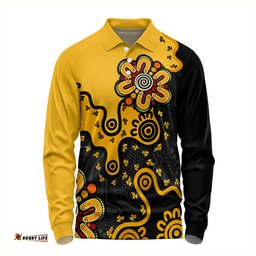 Australia Long Sleeve Polo Shirt Aboriginal Style Of Background Yellow