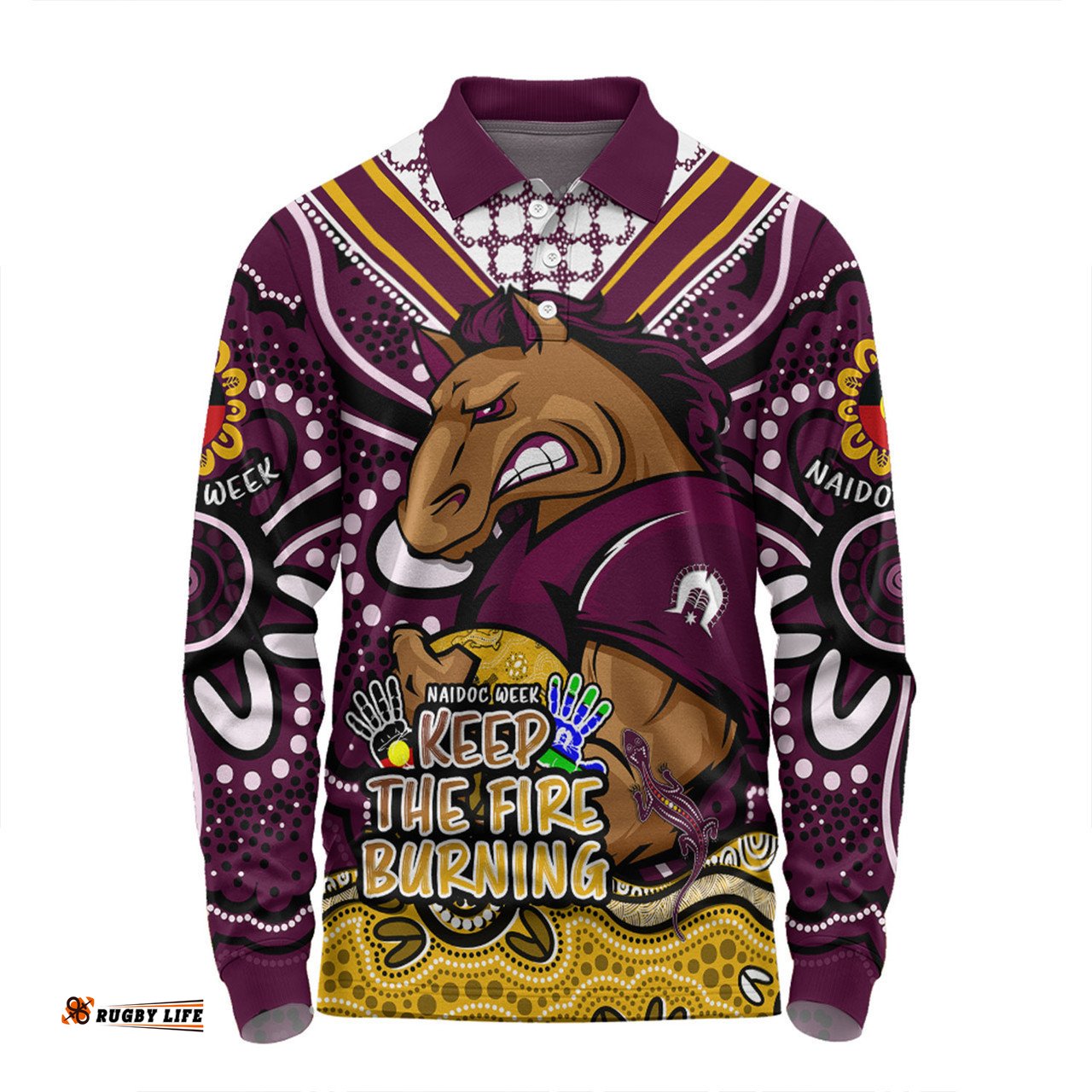Brisbane Broncos Long Sleeve Polo Shirt Aboriginal Inspired Naidoc Week Custom For Die Hard Fan Supporters