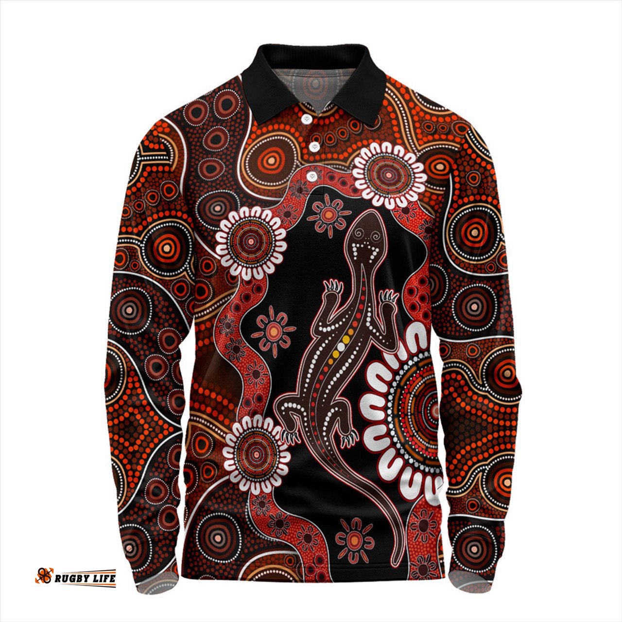 Australia Long Sleeve Polo Shirt Aboriginal Inspired Lizard Dot Painting