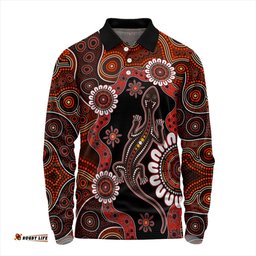 Australia Long Sleeve Polo Shirt Aboriginal Inspired Lizard Dot Painting
