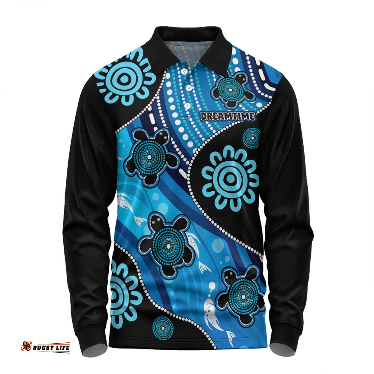 Australia Long Sleeve Polo Shirt Aboriginal Inspired Dreamtime River And Turtles Dot Art Painting
