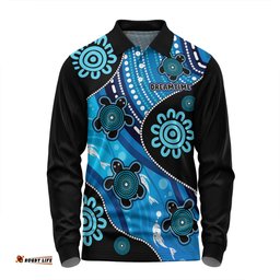 Australia Long Sleeve Polo Shirt Aboriginal Inspired Dreamtime River And Turtles Dot Art Painting