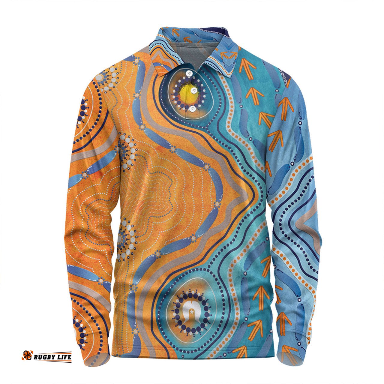 Australia Aboriginal Long Sleeve Polo Shirt - Indigenous Beach Dot Painting Art Long Sleeve Polo Shirt