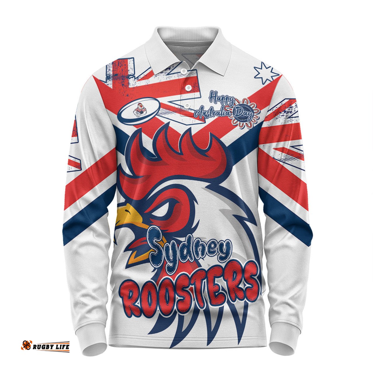 Sydney Roosters Long Sleeve Polo Shirt - Happy Australia Day We Are One And Free V2