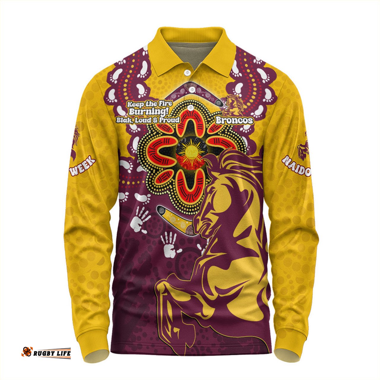 Brisbane Broncos Long Sleeve Polo Shirt Aboriginal Inspired Naidoc Symbol Pattern