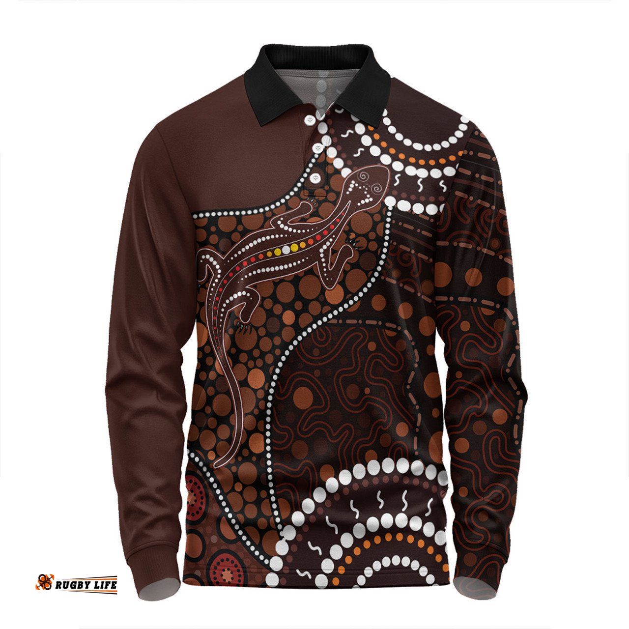 Australia Long Sleeve Polo Shirt Aboriginal Inspired Lizard With Dot Painting Pattern