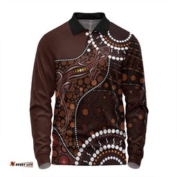 Australia Long Sleeve Polo Shirt Aboriginal Inspired Lizard With Dot Painting Pattern