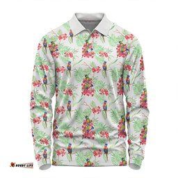 Australia Rainbow Lorikeets Long Sleeve Polo Shirt - Rainbow Lorikeets Colorful Tropical Exotic Flowers Long Sleeve Polo Shirt