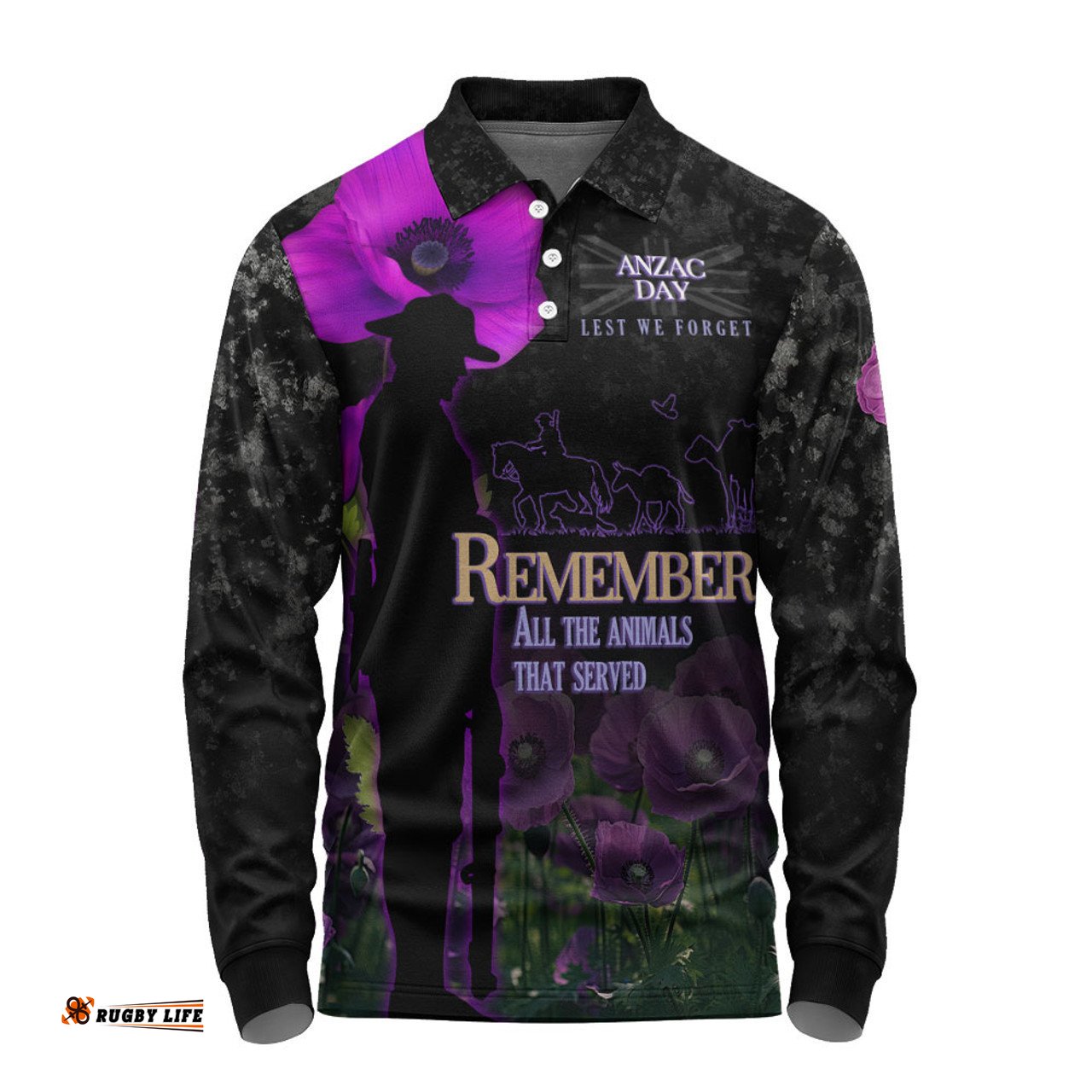 Anzac Day Long Sleeve Polo Shirt - Remember All Animals That Served