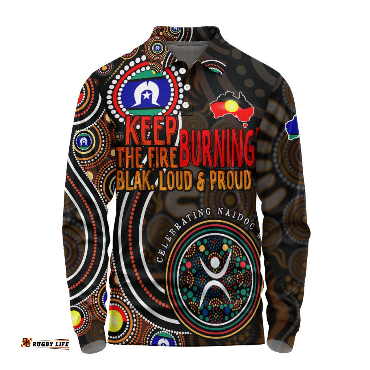 Australia Long Sleeve Polo Shirt Naidoc Week Keep The Fire Burning Aboriginal Dot Art