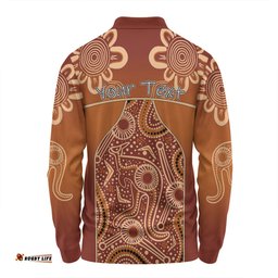 Australia Aboriginal Custom Long Sleeve Polo Shirt - Brown Kangaroo In Aboriginal Dot Art Long Sleeve Polo Shirt