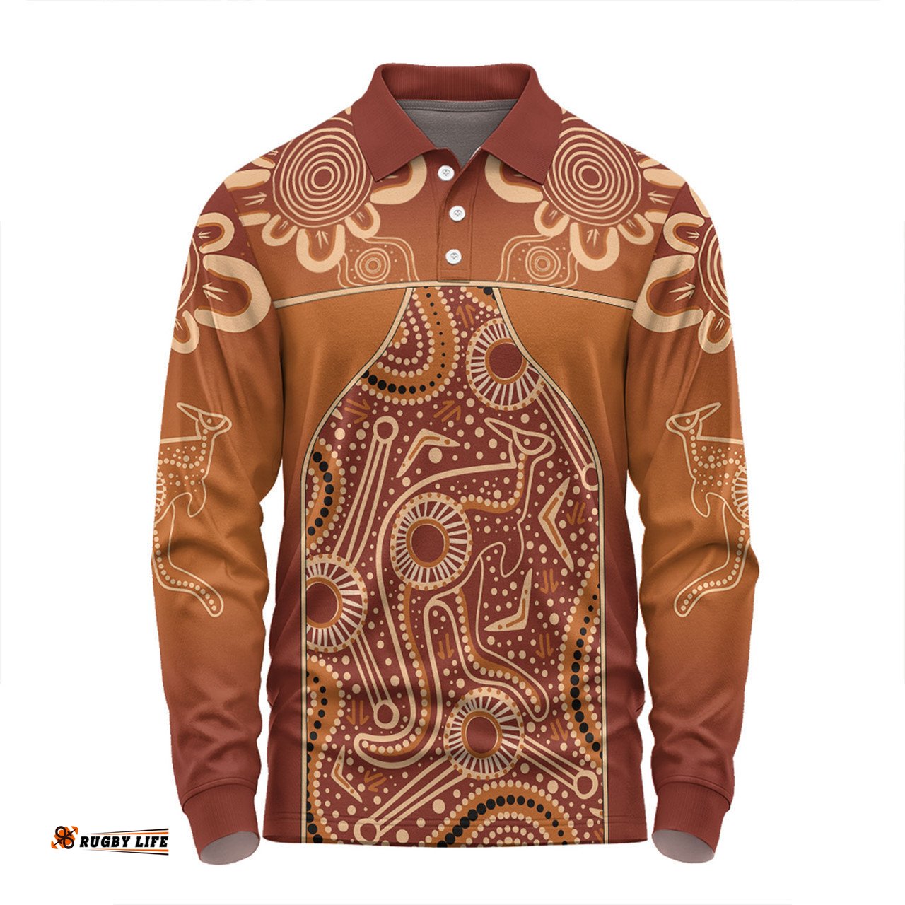 Australia Aboriginal Custom Long Sleeve Polo Shirt - Brown Kangaroo In Aboriginal Dot Art Long Sleeve Polo Shirt