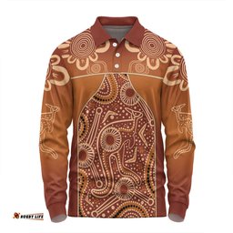 Australia Aboriginal Custom Long Sleeve Polo Shirt - Brown Kangaroo In Aboriginal Dot Art Long Sleeve Polo Shirt