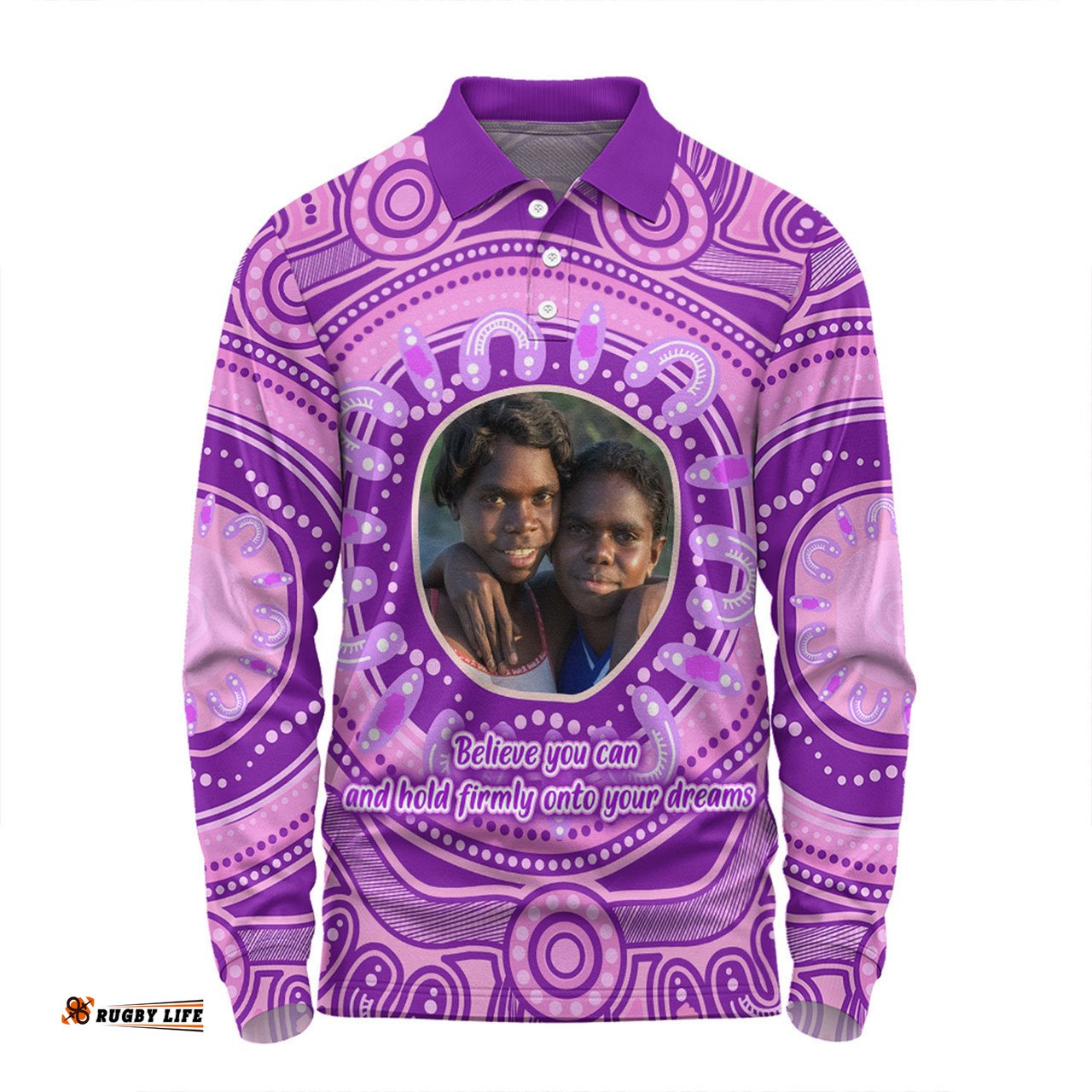 Australia Aboriginal Custom Long Sleeve Polo Shirt - Believe You Can And Hold Firmly Onto Your Dreams Personalised Photo (Purple) Long Sleeve Polo Shirt