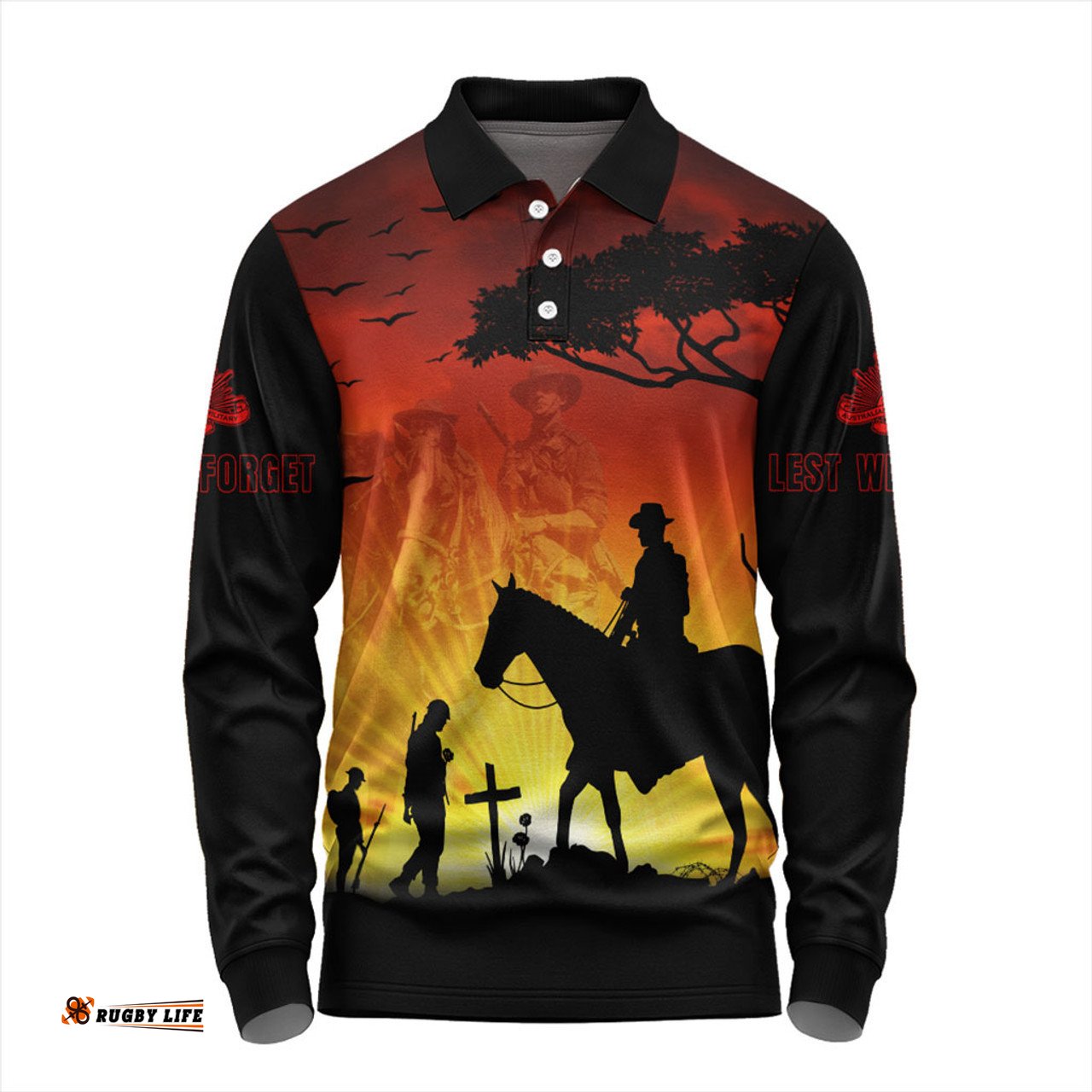 Australia Long Sleeve Polo Shirt Lest We Forget Horse Sunset
