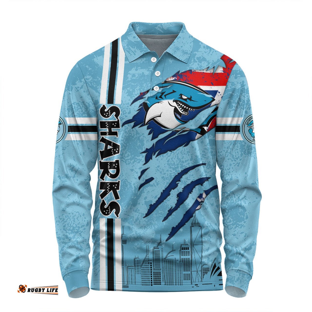 Cronulla-Sutherland Sharks Long Sleeve Polo Shirt - Happy Australia Day Flag Scratch Style