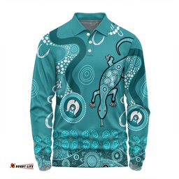Australia Goanna Aboriginal Long Sleeve Polo Shirt - Indigenous Dot Goanna (Teal Blue) Long Sleeve Polo Shirt