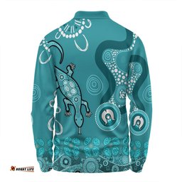 Australia Goanna Aboriginal Long Sleeve Polo Shirt - Indigenous Dot Goanna (Teal Blue) Long Sleeve Polo Shirt