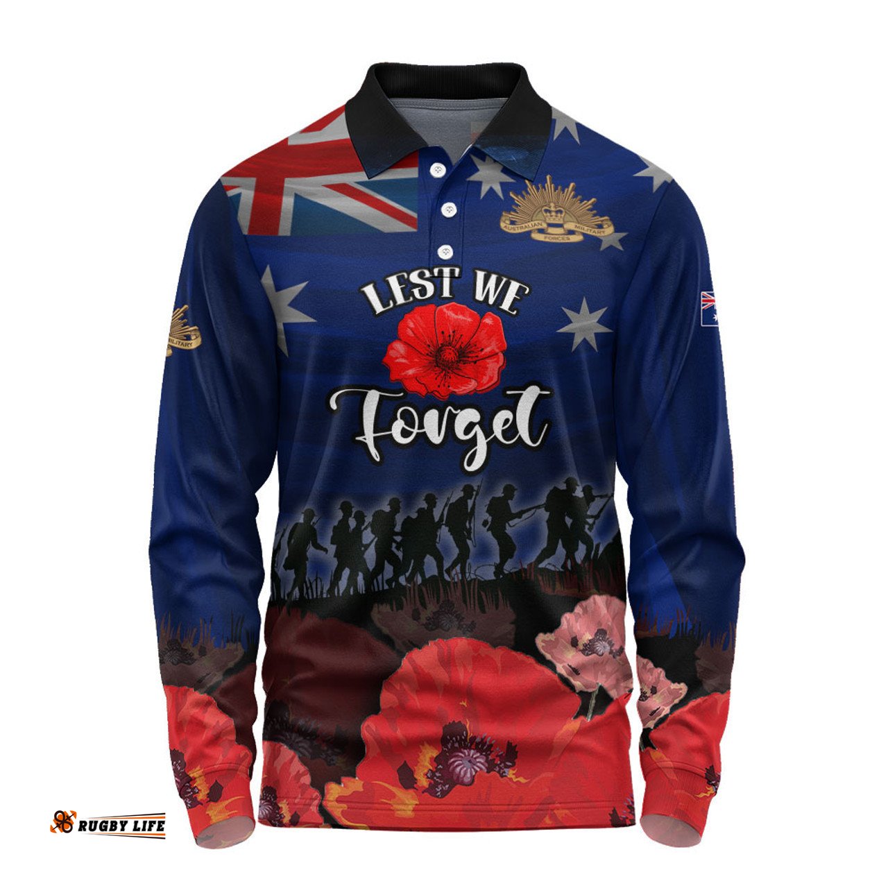 Australia Long Sleeve Polo Shirt - Anzac Day Soldier With Poppies Flowers
