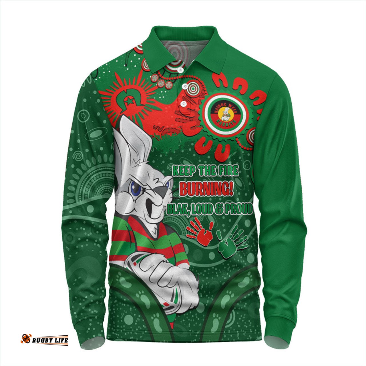 South Sydney Rabbitohs Long Sleeve Polo Shirt Aboriginal Indigenous Naidoc Week Dreamtime Dot Painting With Flag