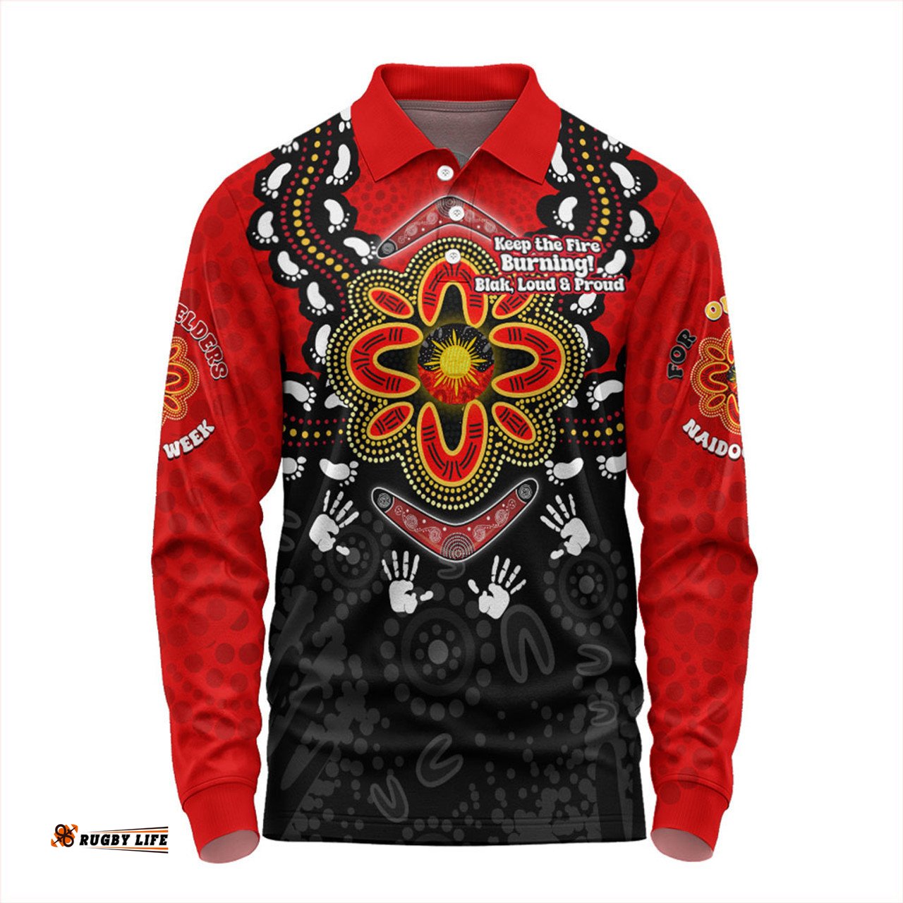 Australia Long Sleeve Polo Shirt Aboriginal Inspired Naidoc Symbol Pattern