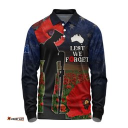 Australia Long Sleeve Polo Shirt - Custom Anzac Day Lest We Forget Red Poppies