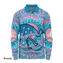 Australia Emu Aboriginal Custom Long Sleeve Polo Shirt - Blue Indigenous Dreamtime Emu Long Sleeve Polo Shirt