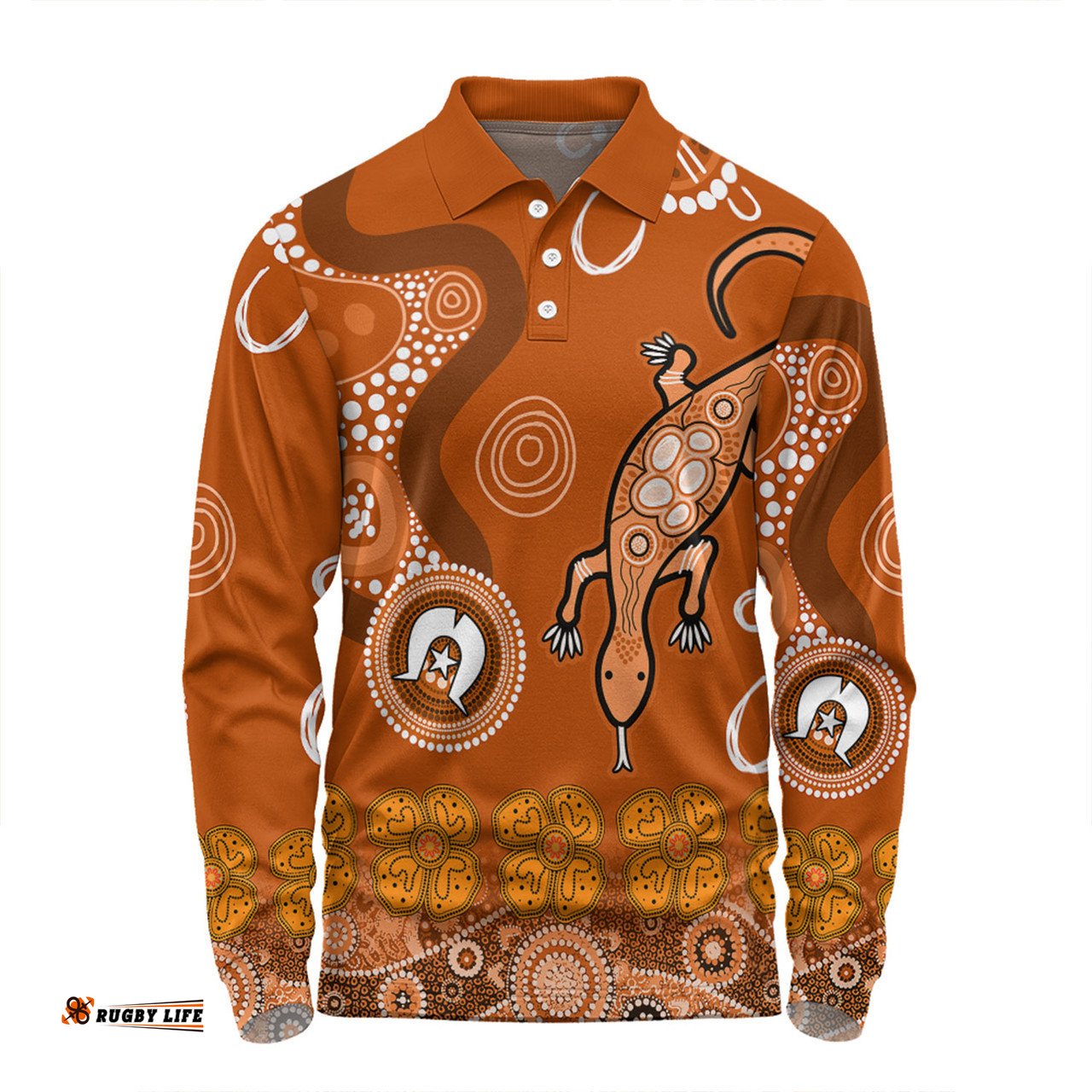 Australia Goanna Aboriginal Long Sleeve Polo Shirt - Indigenous Dot Goanna (Orange) Long Sleeve Polo Shirt