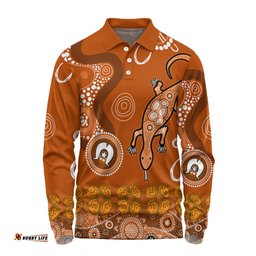 Australia Goanna Aboriginal Long Sleeve Polo Shirt - Indigenous Dot Goanna (Orange) Long Sleeve Polo Shirt