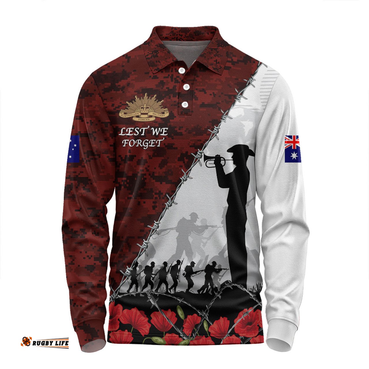 Australia Long Sleeve Polo Shirt - Anzac Day Poppy Flower And Barbed Wire