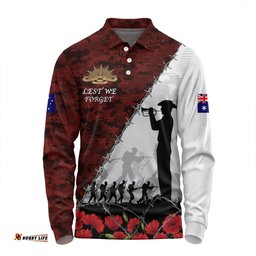 Australia Long Sleeve Polo Shirt - Anzac Day Poppy Flower And Barbed Wire
