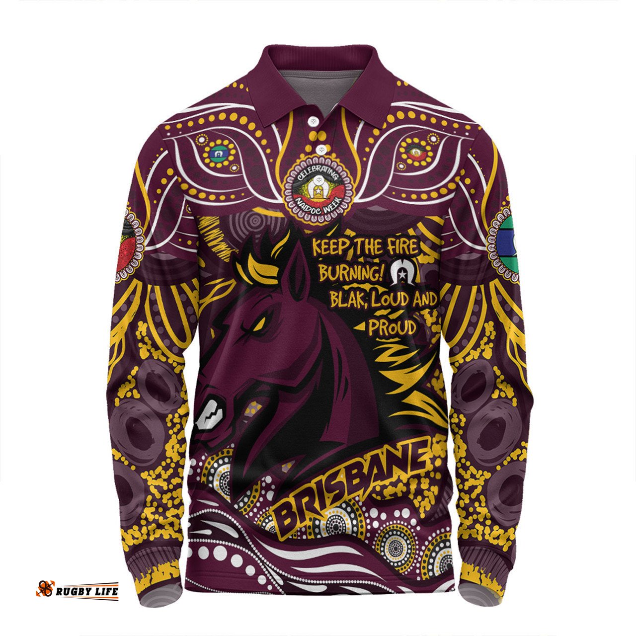 Brisbane Broncos Long Sleeve Polo Shirt Celebrating Naidoc Week 2024 Aboriginal Dot Art Inspired