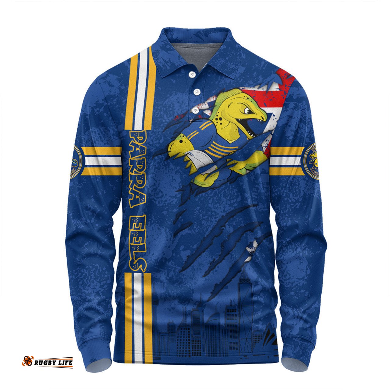 Parramatta Eels Long Sleeve Polo Shirt - Happy Australia Day Flag Scratch Style