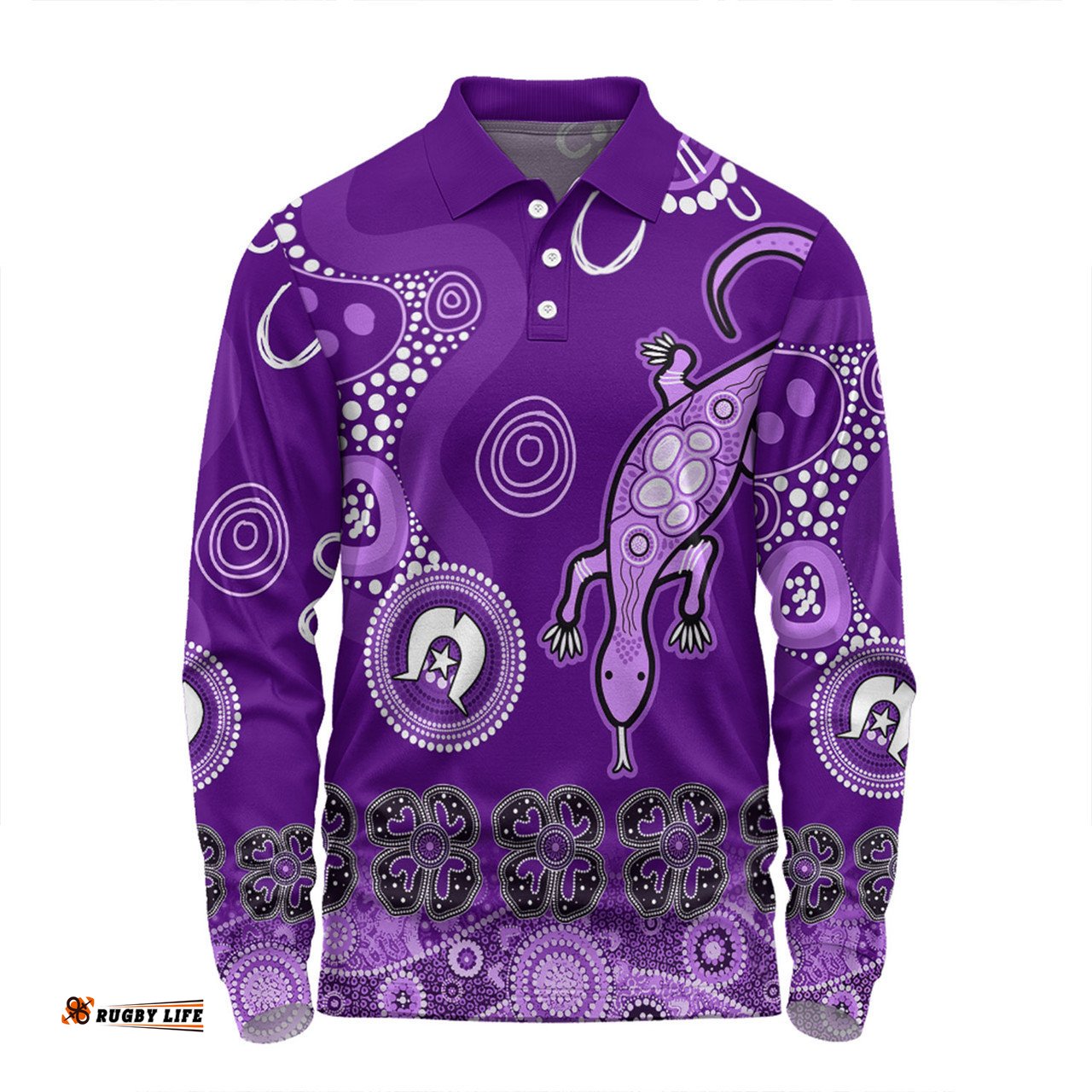 Australia Goanna Aboriginal Long Sleeve Polo Shirt - Indigenous Dot Goanna (Purple) Long Sleeve Polo Shirt