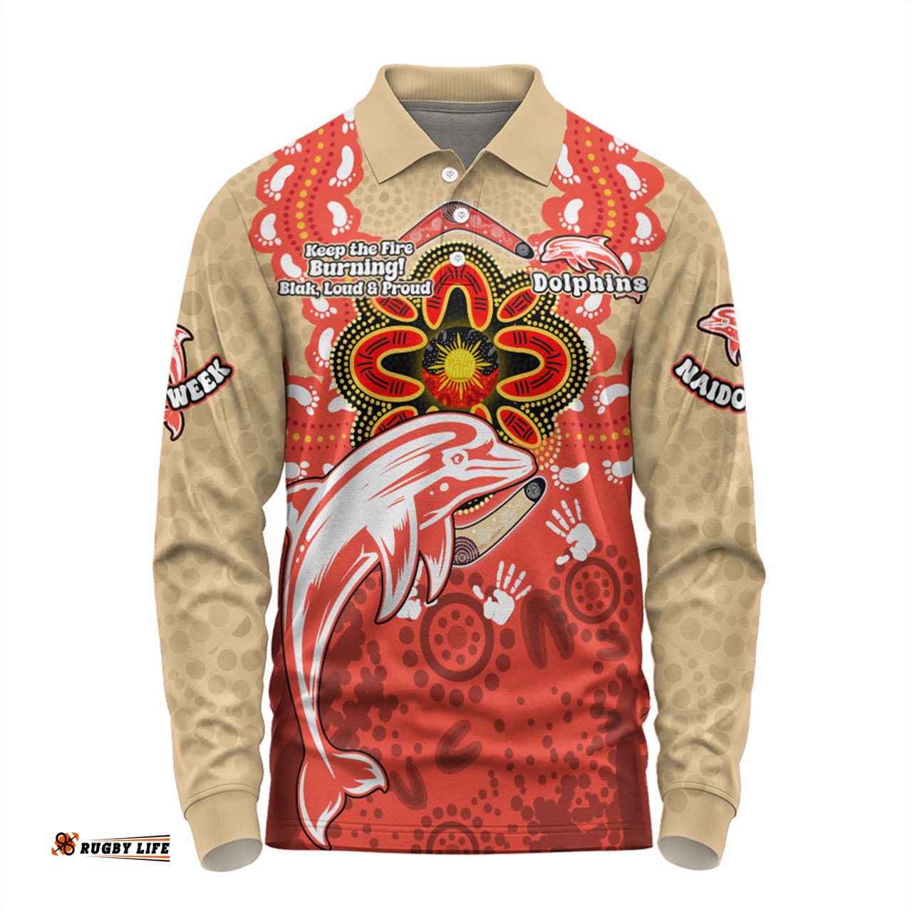 Redcliffe Dolphins Long Sleeve Polo Shirt Aboriginal Inspired Naidoc Symbol Pattern