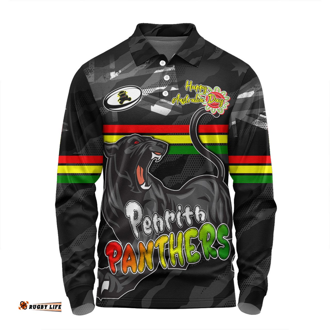 Penrith Panthers Long Sleeve Polo Shirt - Happy Australia Day We Are One And Free