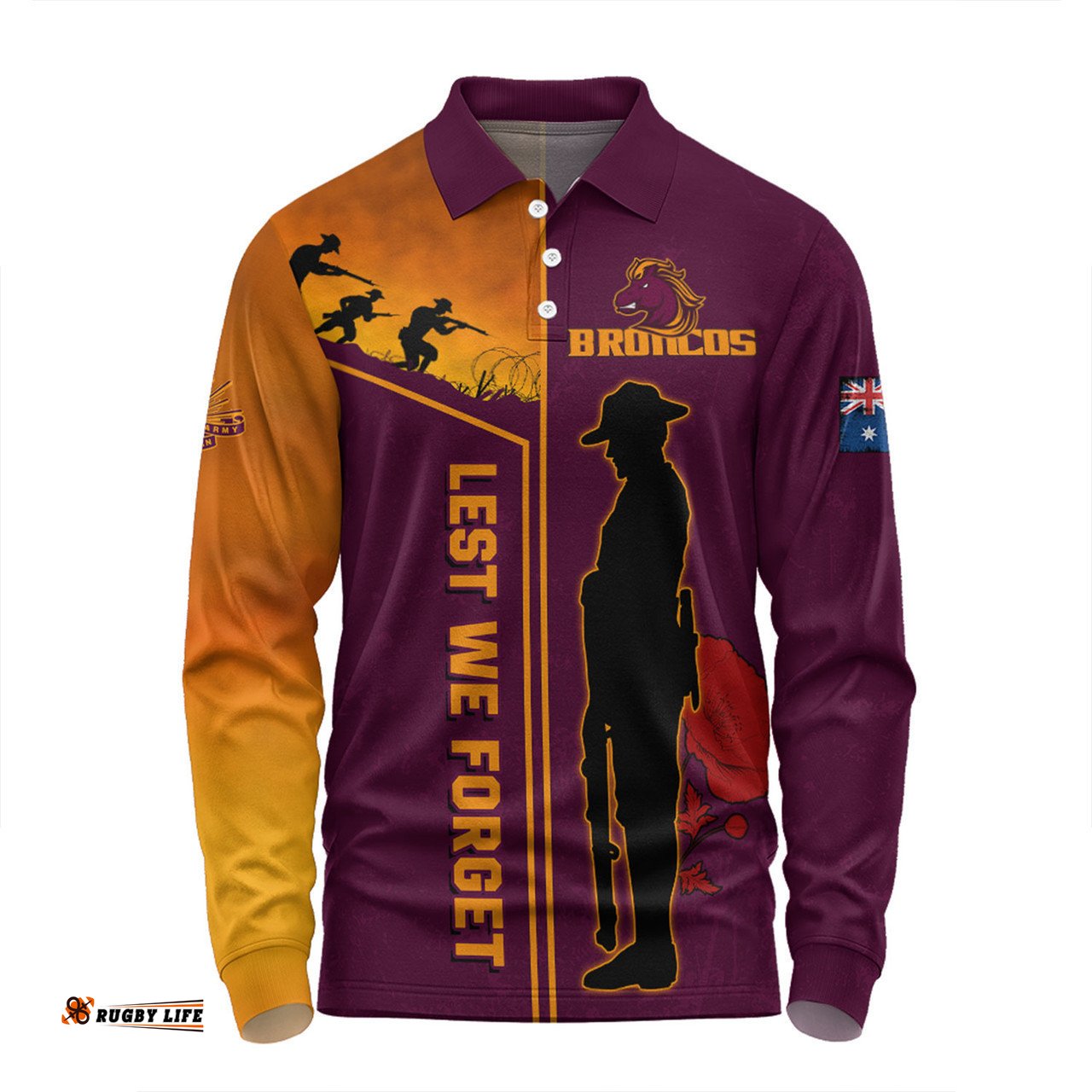 Brisbane Broncos Long Sleeve Polo Shirt - Anzac Day Lest We Forget Poppy