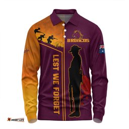 Brisbane Broncos Long Sleeve Polo Shirt - Anzac Day Lest We Forget Poppy