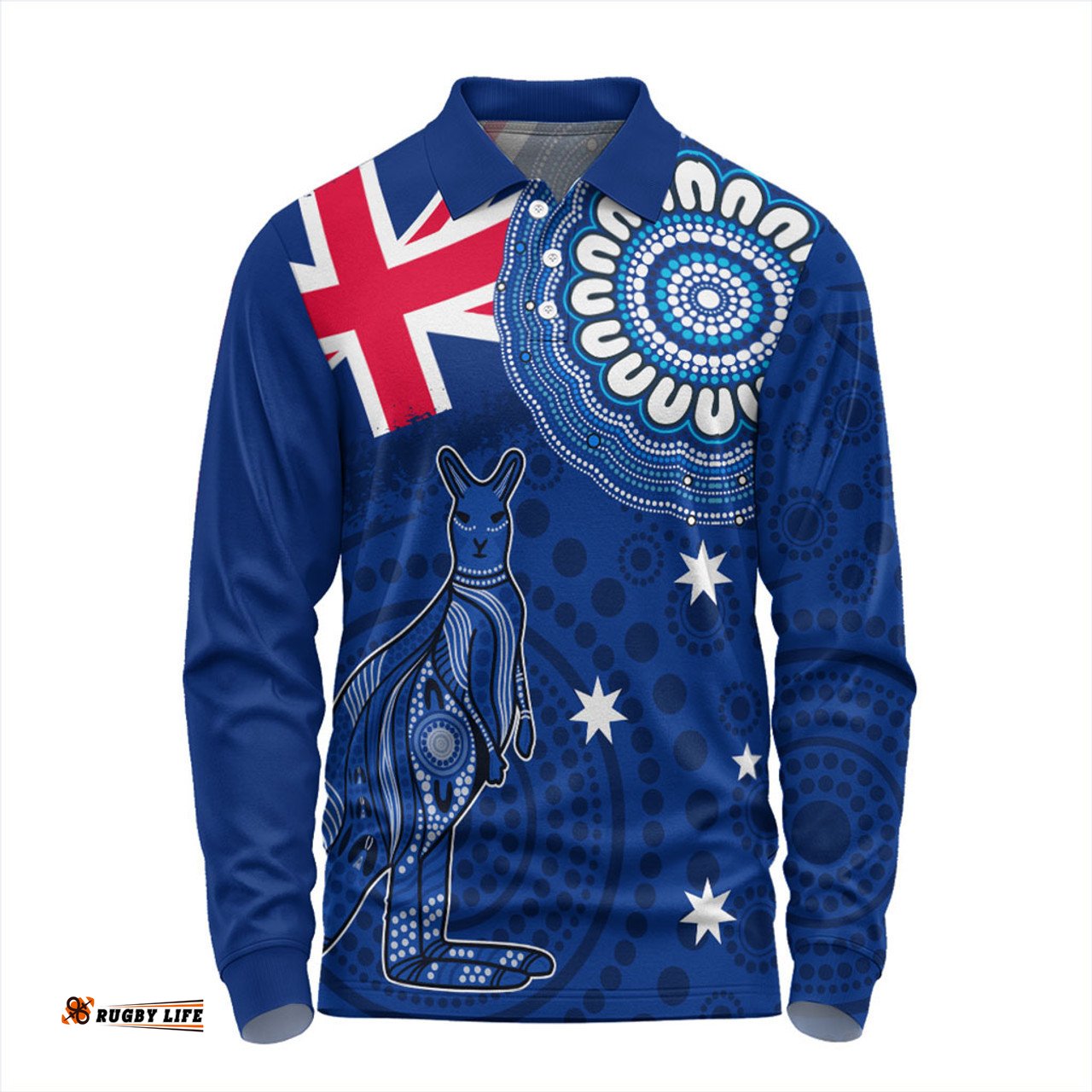 Australia Long Sleeve Polo Shirt Flag With Kangaroo Aboriginal