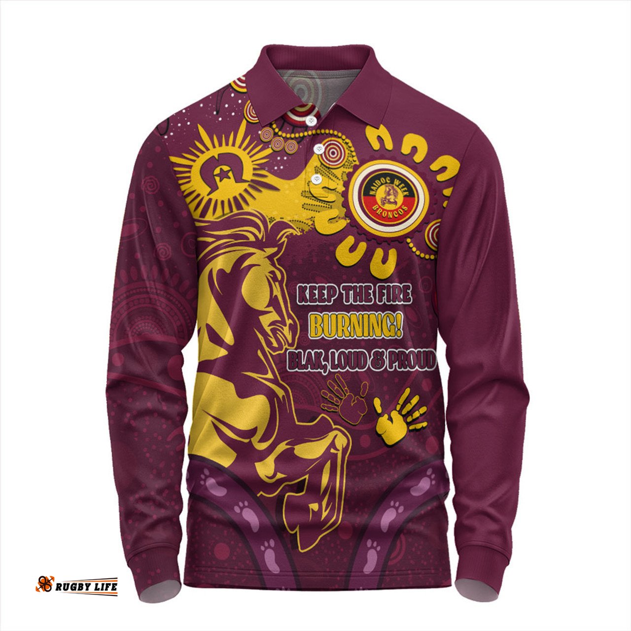 Brisbane Broncos Long Sleeve Polo Shirt Aboriginal Indigenous Naidoc Week Dreamtime Dot Painting With Flag