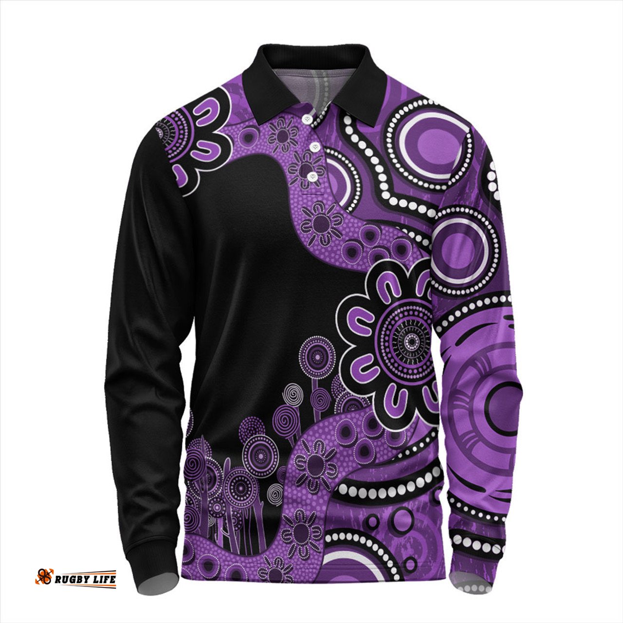 Australia Long Sleeve Polo Shirt Aboriginal Indigenous Dot Painting Purple